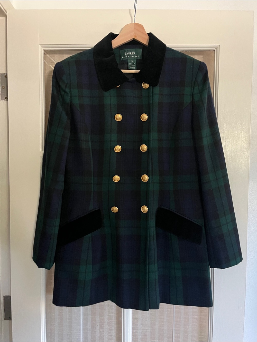 Vintage Ralph Lauren Green & Navy Blackwatch Tartan Double-Breasted Coat